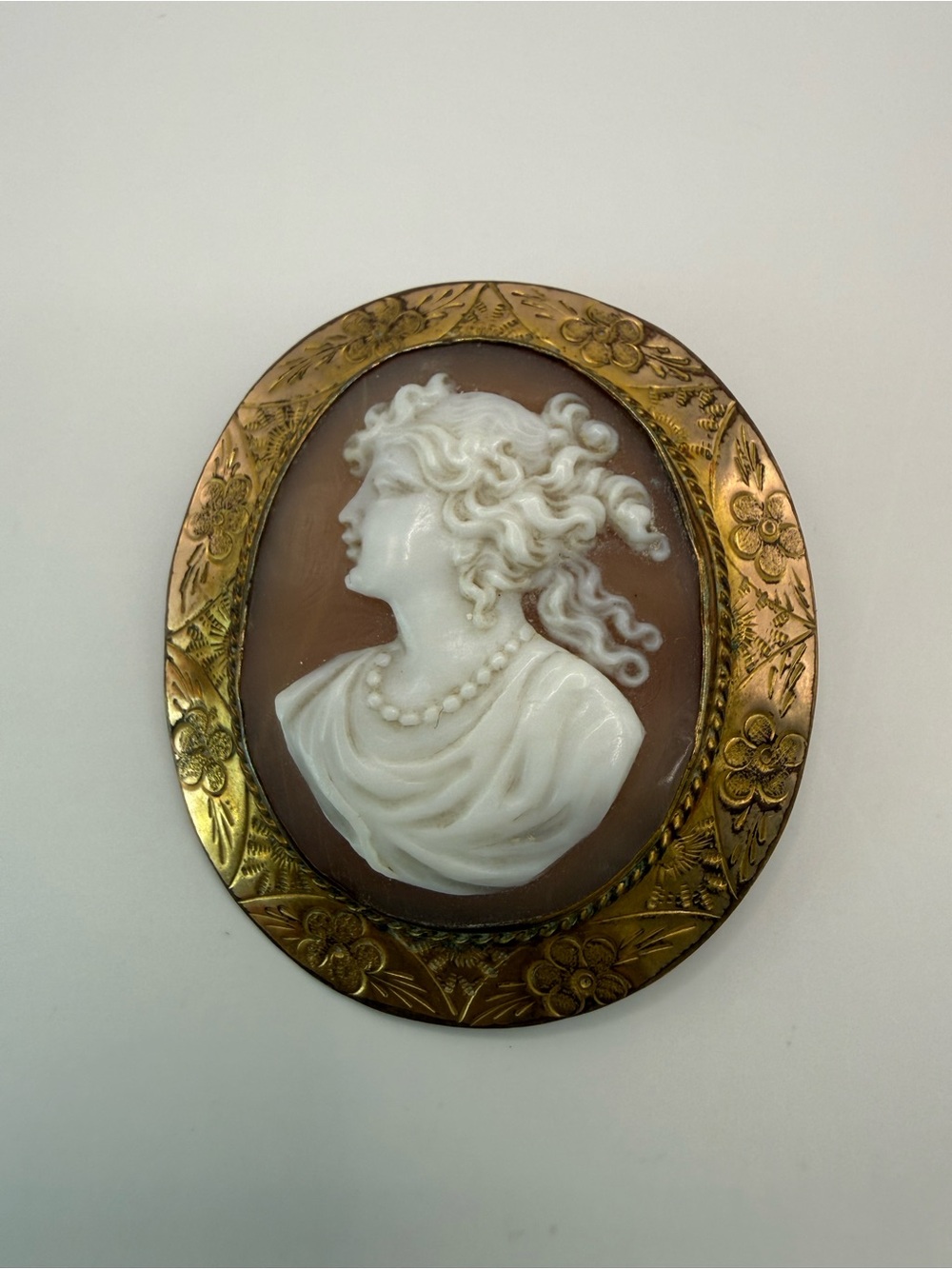 Antique Carved Shell Cameo Brooch High Relief Engraved Floral Frame